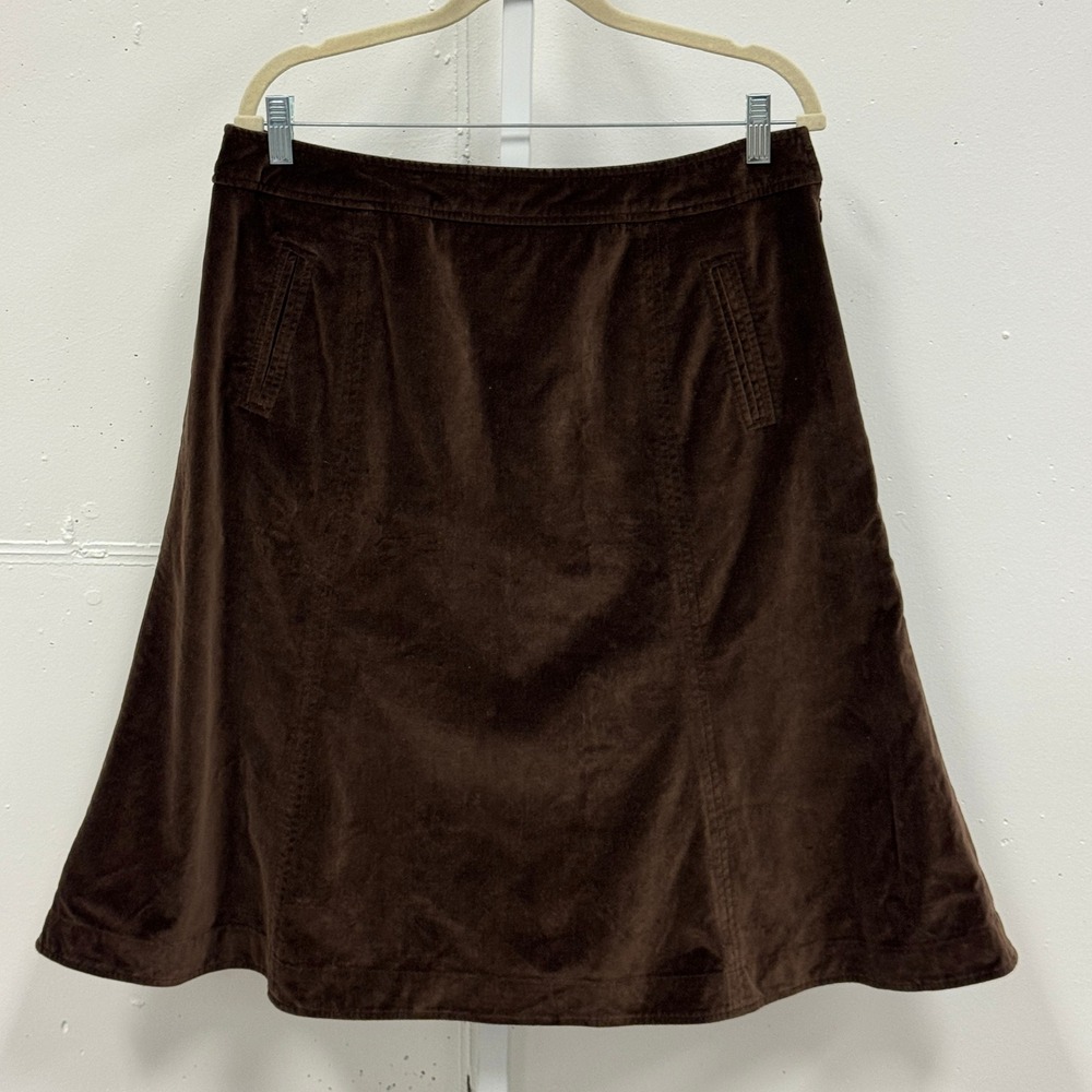 Garnet Hill Brown Corduroy Velvet A-Line Skirt Size 14 Cotton Stretch Mid-Length